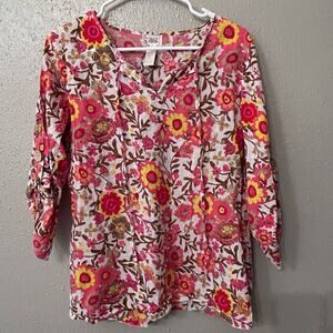 Tracy Porter Floral Cotton Blouse Pullover Tie Neck